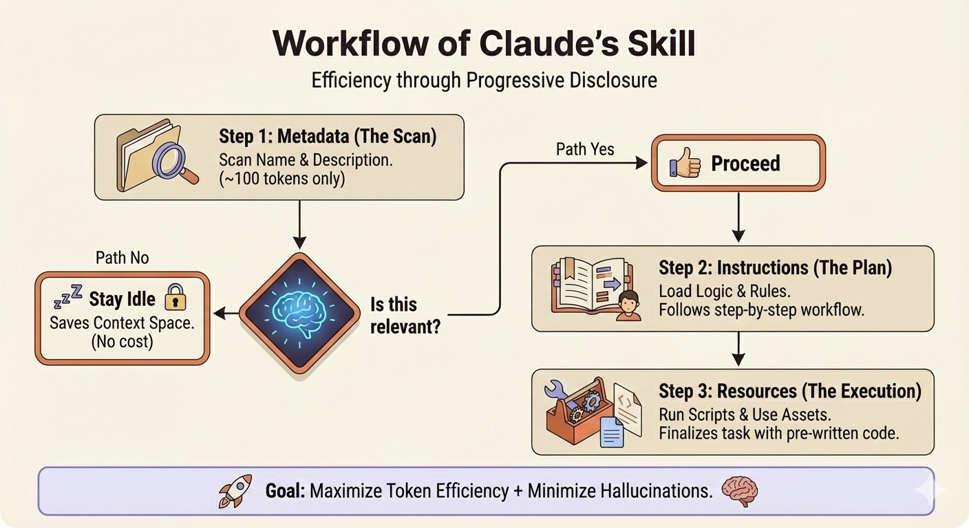 Flowchart illustrating the token-efficient progressive disclosure mechanism